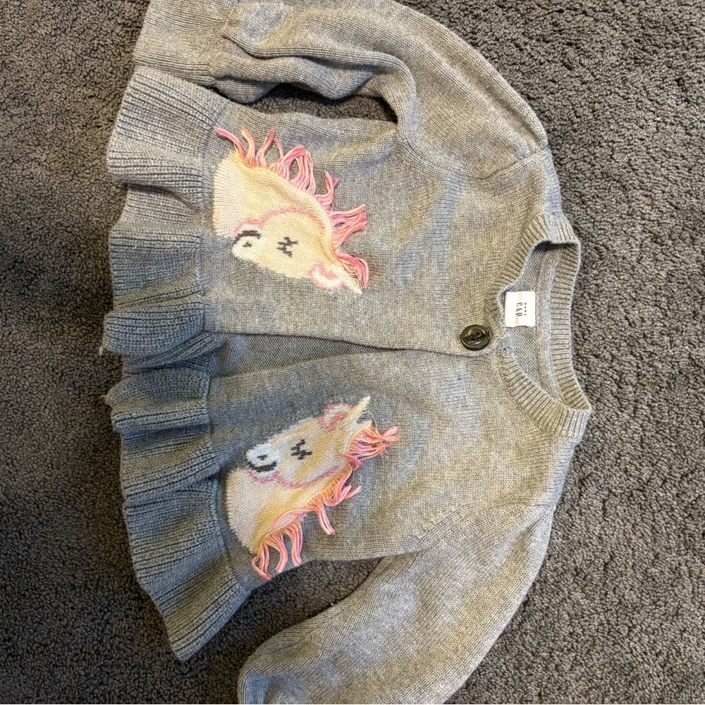 BOGO 50% Off Gray Puff Sleeve Cardigan with Pink Unicorn Design